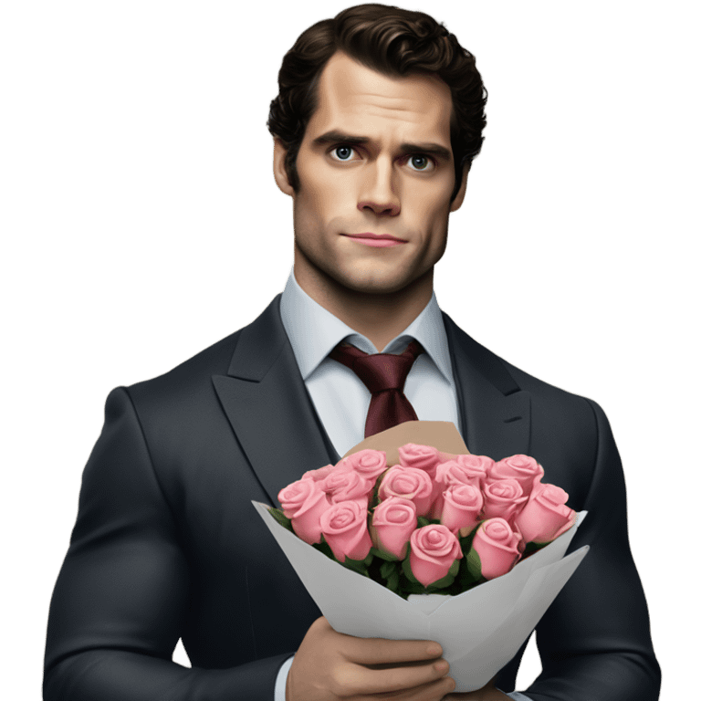 realistic photo of Henry Cavill holding roses and chocolates emoji