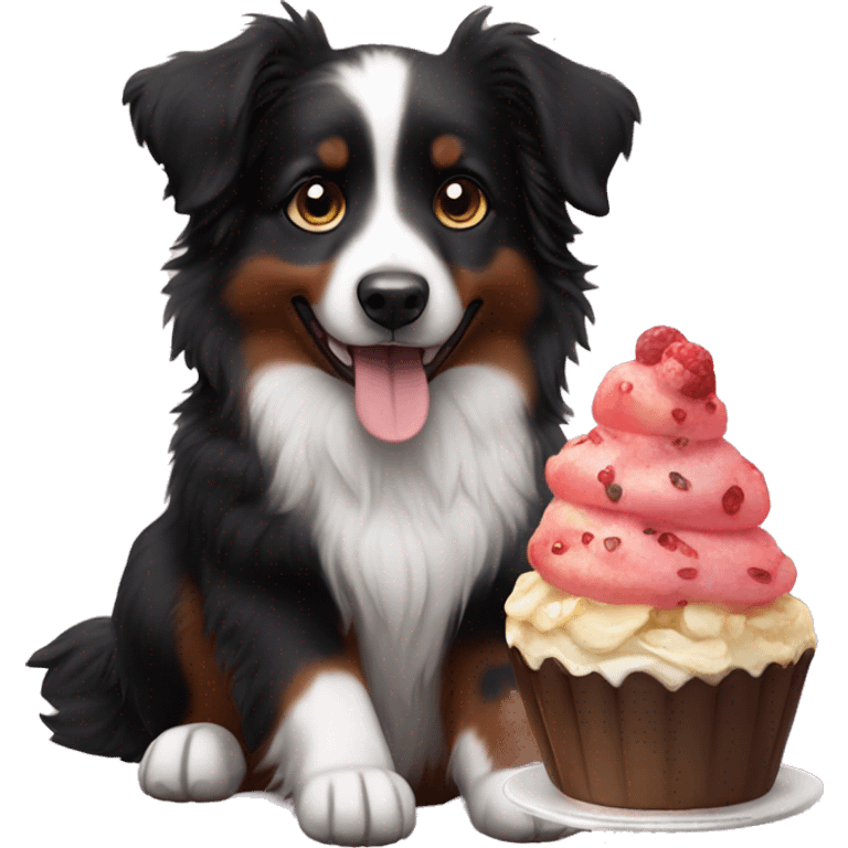 Small black australian shepherd dog with dessert  emoji