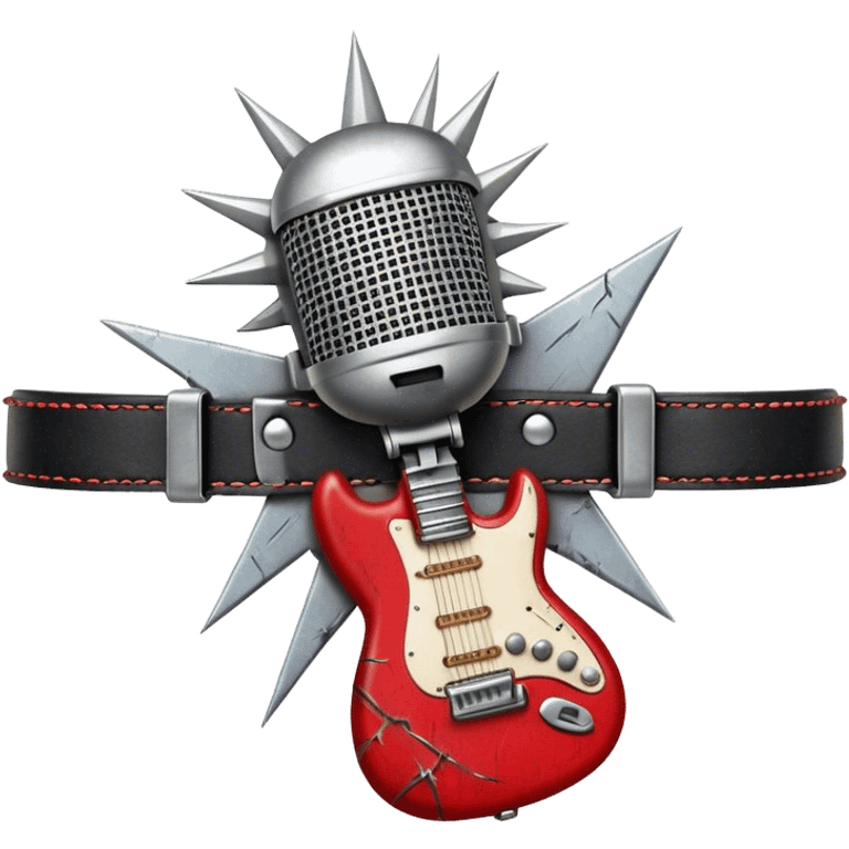 Create a powerful and dynamic humanless emoji representing rock vocals. The design should feature a classic vintage microphone with a rugged, distressed look, surrounded by elements like a guitar pick, electric guitar neck, and sound waves to reflect the raw energy of rock music. Add subtle details such as a spiked bracelet, leather textures, or bold lightning bolts to evoke the rebellious and intense spirit of rock. Use dark, edgy colors like black, red, silver, and metallic accents to emphasize the fierce, loud, and passionate nature of rock vocals. The background should be transparent. emoji