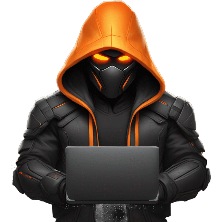  developer behind his laptop with this style : crysis Cyberpunk Valorant orange glowing bright orange character orange black hooded assassin themed character emoji