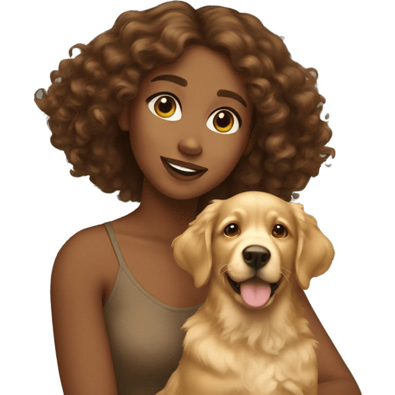 Brown girl with brown curly hair with a golden retriever puppy emoji