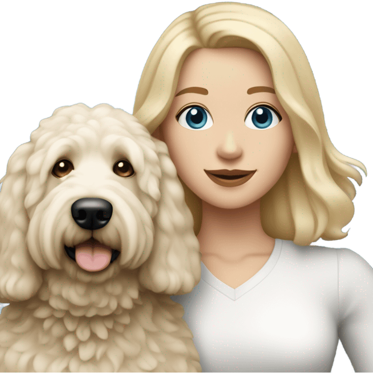 White lady with shoulder length blonde straight hair and blue eyes and her white golden doodle dog emoji