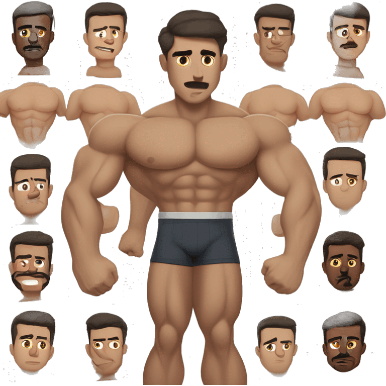 White skinned, Shirtless, dark brown hair, hairy body, Bodybuilder, biceps, high and tight military haircut, wearing briefs emoji