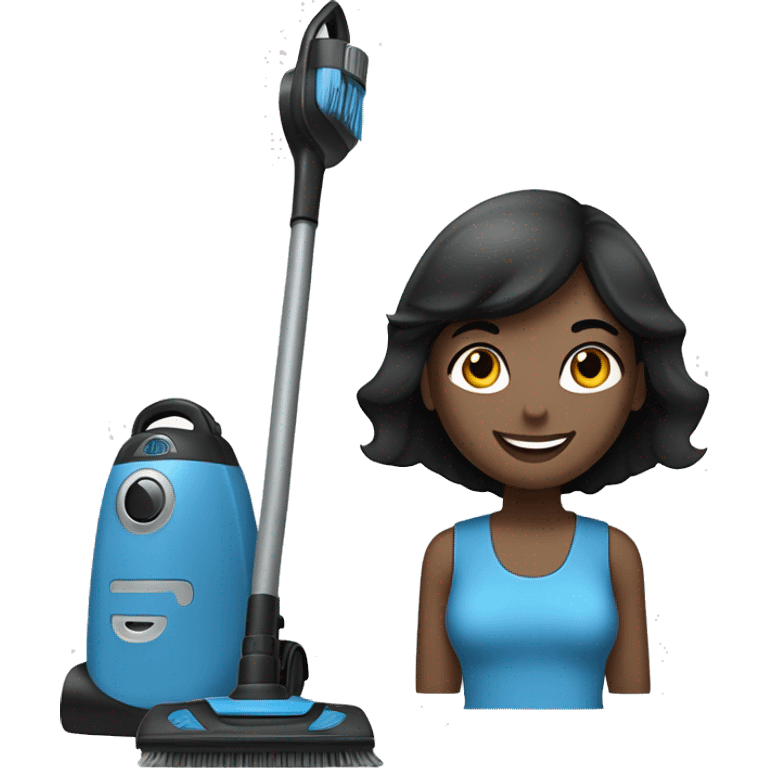 slate blue broom and vacuum cleaner, with a black lady, straight hair, small eyes, smiling emoji