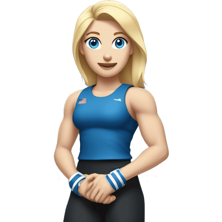 Close up Actively gesturing  with hands Pale skinned Fit woman With the biceps and blonde hair in dark gray Sleeveless Mike, black sports shorts, watch and white Sneakers and Blue Eyes  emoji