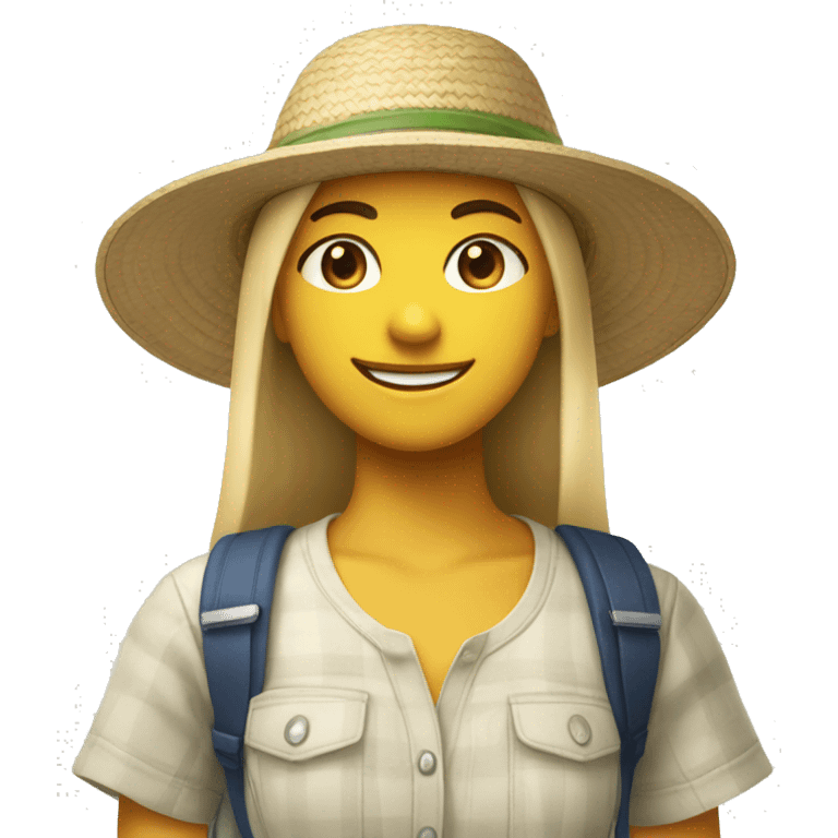 smiling girl in nature she’s wearing a Vietnamese sun hat and a shirt that says ikea emoji