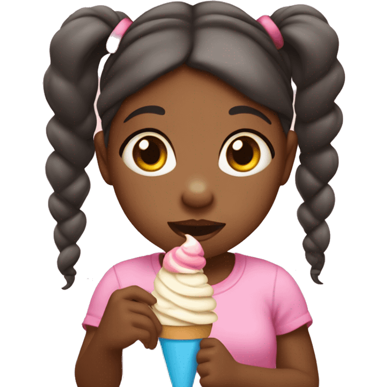 African American three year old girl with pigtails eating ice cream emoji