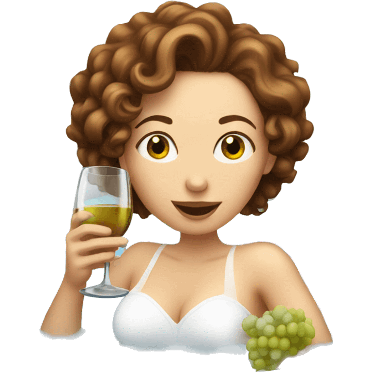 White Woman with curly brown hair drinking wine in a bubble bath emoji