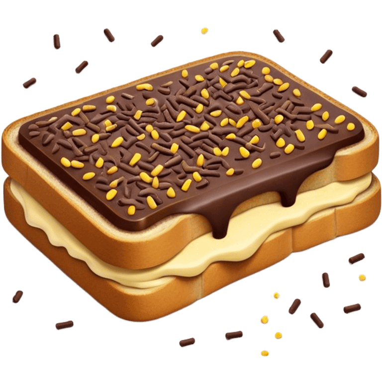 Hagelslag Cinematic Realistic Hagelslag Treat Emoji, depicted as crunchy chocolate sprinkles scattered on a slice of buttered bread, rendered with vivid textures and playful, inviting lighting. emoji