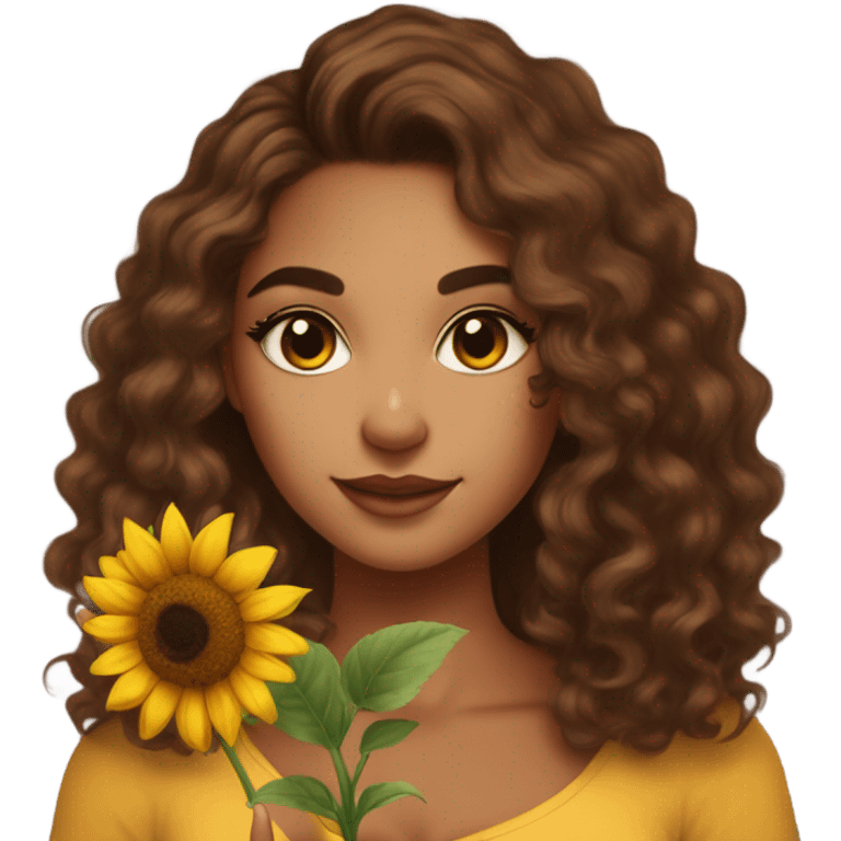 Pretty tan skin Latina with long brown curly hair . Very pretty cat eye makeup . Shes holding a sunflower in her hand  emoji