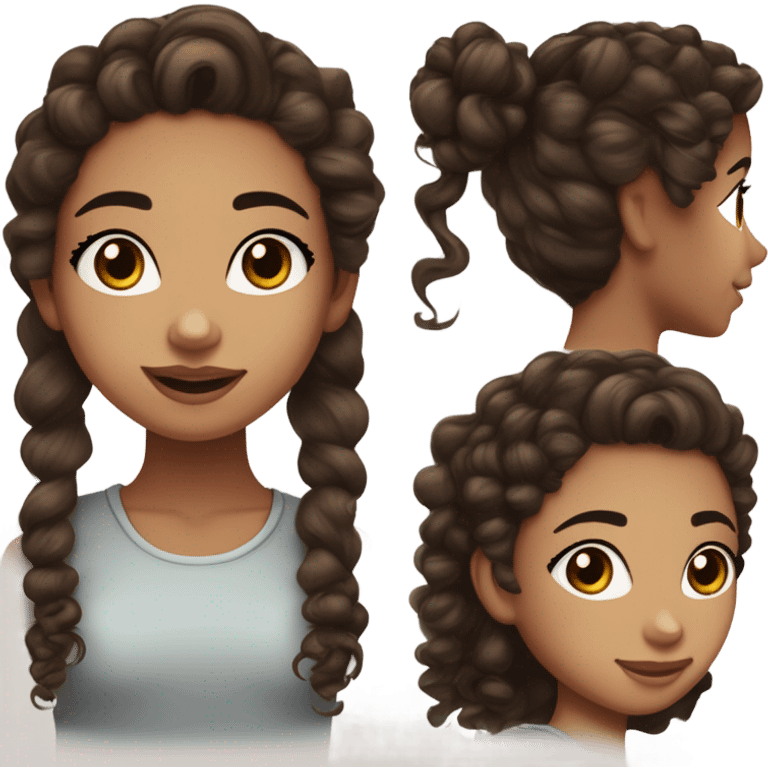 A teenage girl with curly cocoa brown hair, half up half down. She has light freckles and a nose piercing, she is wearing eyeliner and has long pretty eyelashes, she has round dark brown eyes emoji