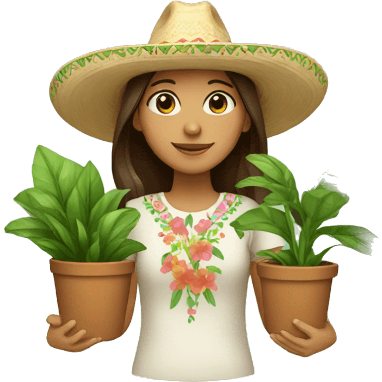 Girl with brown hair wearing a sombrero holding plants emoji