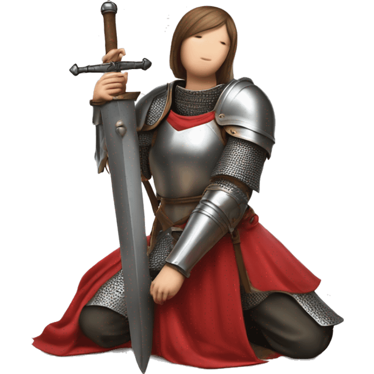 Joan of arc in medieval armor kneels, looking upward, with hands resting on a large sword. They're dressed in a red garment under the armor. emoji