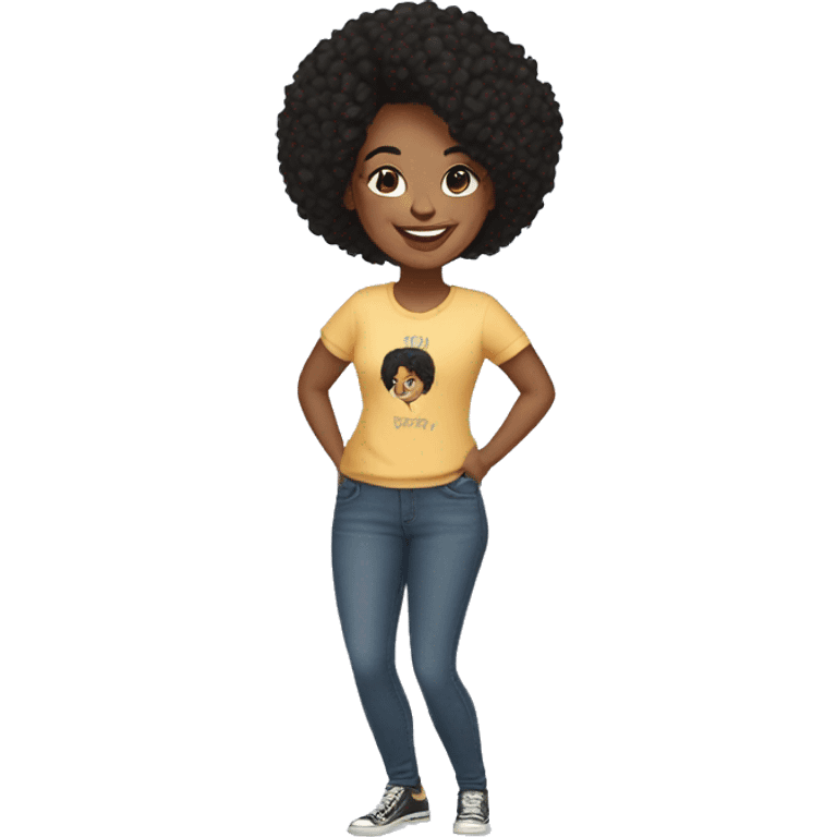 Woman in her late twenties, bipoc black hair smiling, tshirt jeans emoji