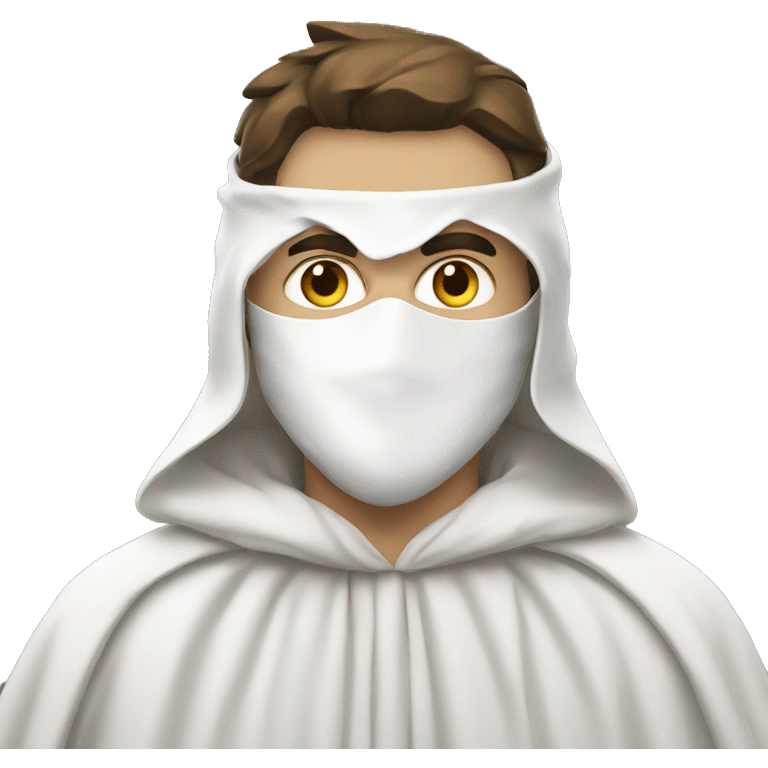 Man wearing white cloak and white mask with a point at the top emoji