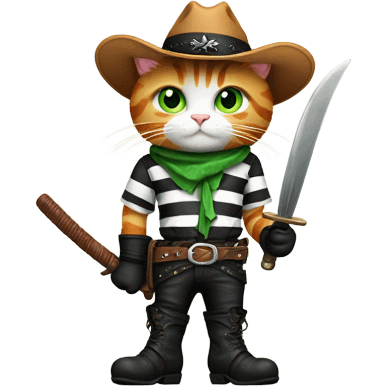 ginger striped cat with green eyes with black leather boots and cowboy hat standing on two back feet holding a fencing sword in its right paw emoji