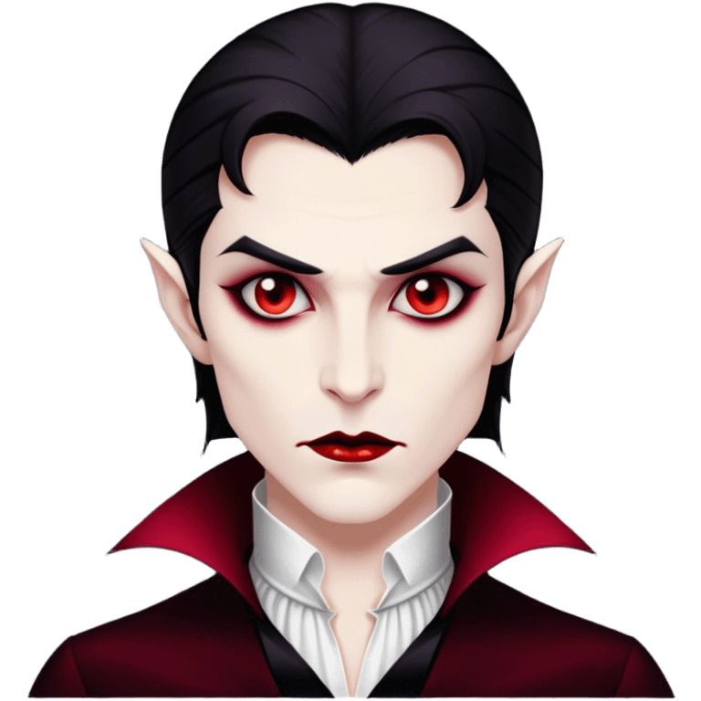 Cinematic Noble Vampire Portrait Emoji, Elegant and commanding, with a refined, pale visage framed by dark, velvet accents and a hint of crimson, exuding timeless seduction and dangerous allure, simplified yet exquisitely detailed, glowing with a soft nocturnal radiance and a subtle, mysterious outline that captures the regal spirit of an immortal lord of the night! emoji