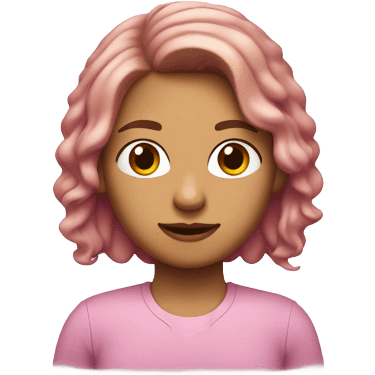 Chica de piel blanca con el pelo castaño, corto hasta los hombros y ondulado, con camisa rosa y moños en el cabello  emoji