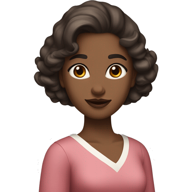 The woman has soft features, fair skin, and almond-shaped eyes. Her defined eyebrows and natural pink lips frame her face. Her dark, wavy hair is partly tied back, giving her an elegant yet relaxed look.  She wears a red V-neck long dress. White skin. emoji