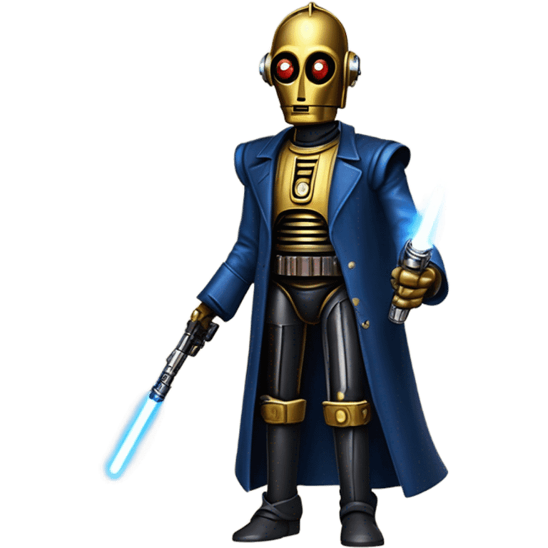 human-sized darkblue-pearl friendly bounty hunter c3po droid wearing a leather wild west duster holding light saber ready to fight but relaxed. antique emoji