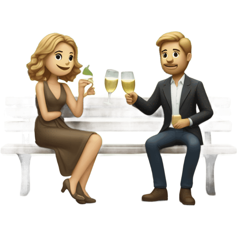 couple of white people with brown hair, sitting closely on a park bench, enjoying a romantic moment. One person is holding a croissant, and the other is holding a glass of Prosecco.  emoji