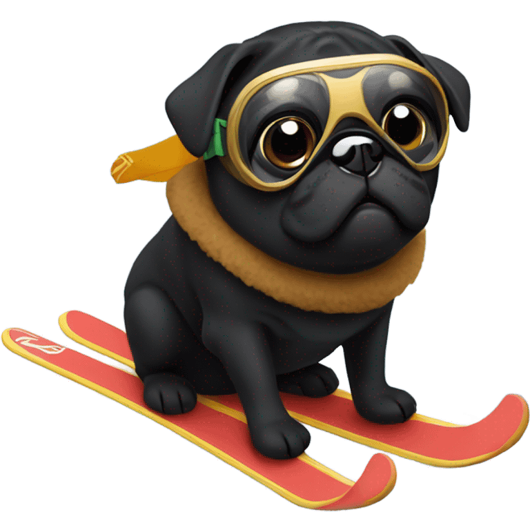 Black pug with a curly tail and goggles skiing on a snowy mountain emoji