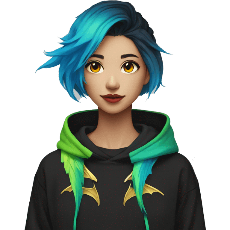 Lady with brunette and iridescent blue hair, gold, lime green dragon wings, black hoodie, bleach dyed, black and gold Nike t shirt, and bright red eyes emoji