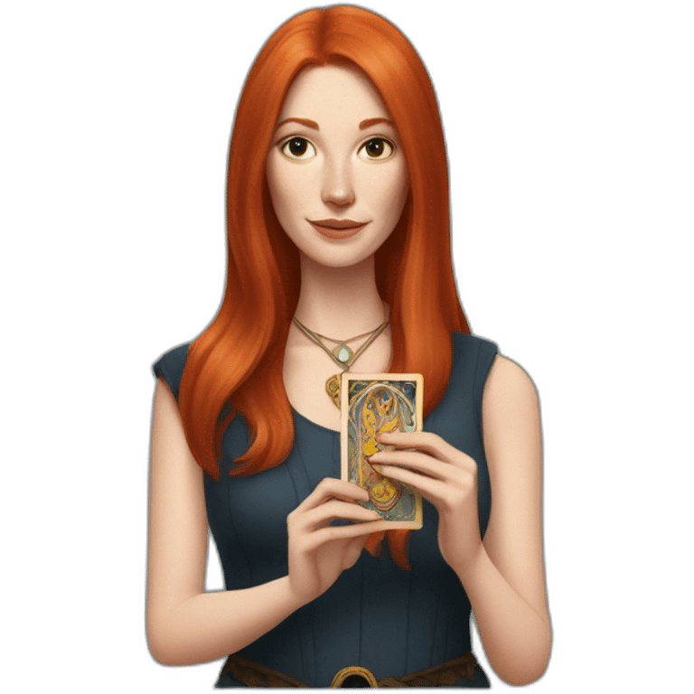 redhead white woman medium long straight hair, holding a tarot card in her hand emoji