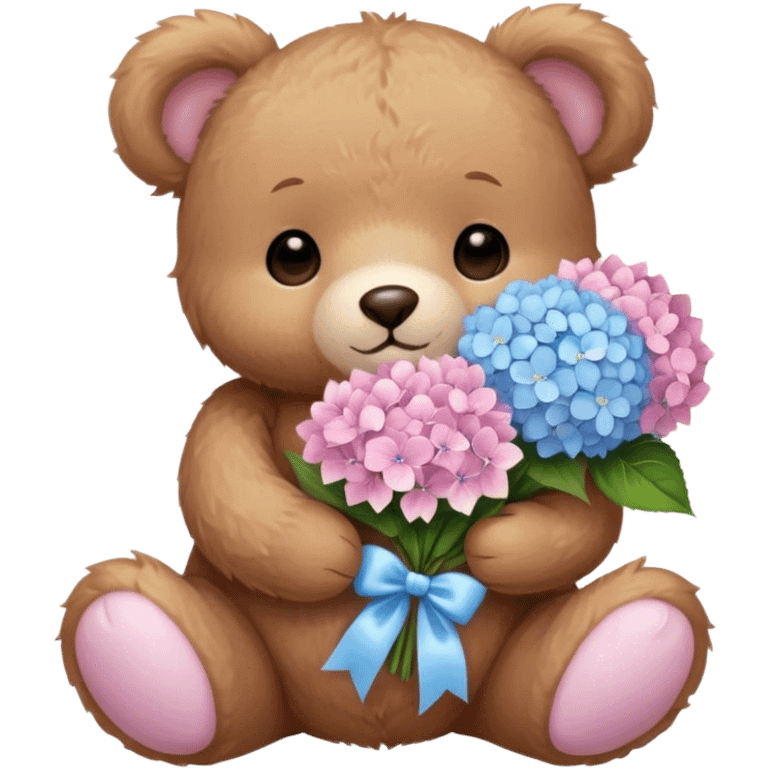 light brown teddy bear super cute holding a light pink and light blue bouquet of hydrangeas emoji