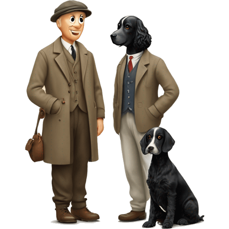 Countryside dressed man in a flat cap with a black cocker spaniel and a springer spaniel  looking up at him. Man must have white hair but not look old. 50's emoji