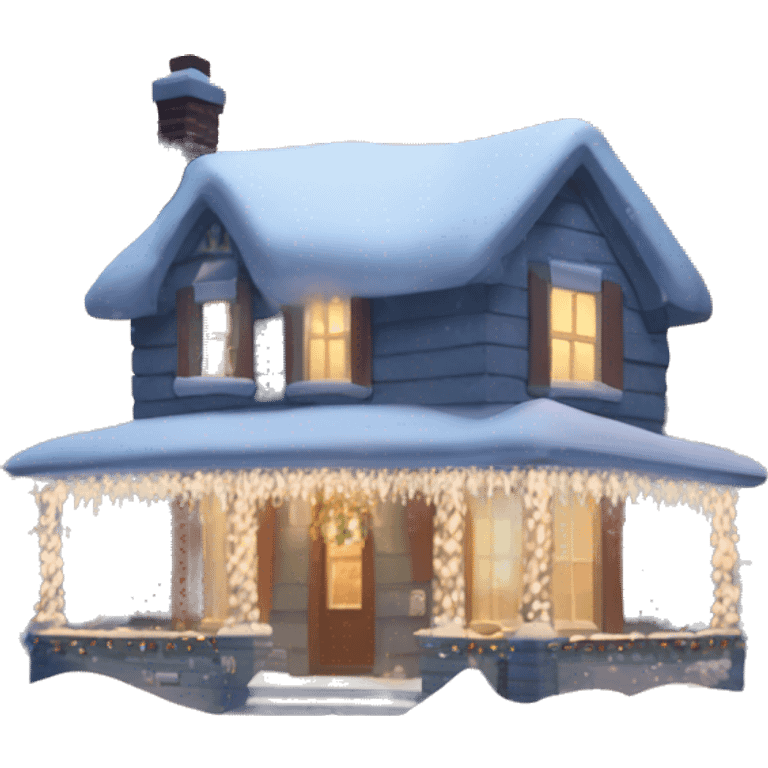 House with snow spread out around the ground of the housea snowy lawn and Christmas lights  emoji