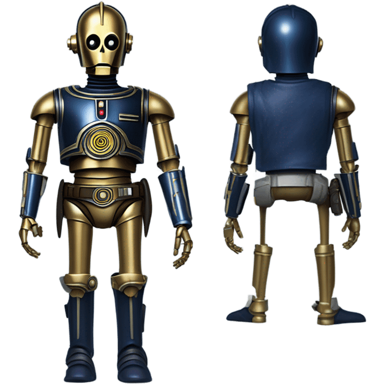 tough well-equipped jedi first order life-sized darkblue-pearl C3po as a friendly bounty hunter droid wearing a leather clothing old west duster coat holding light saber emoji