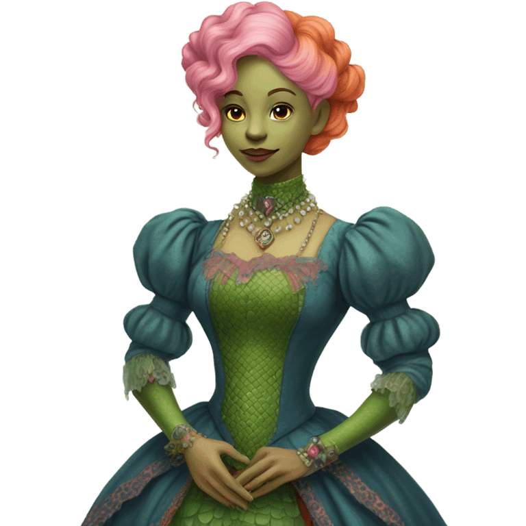 a green reptilian woman in Victorian orange and blue dress, pink hair,holdig, red big hearth, full body emoji