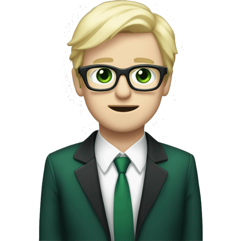 Show me a cold blue eyed dude with blonde hair, white glasses, pale white skin and a very very dark green suit that looks like it's black that also contains a green cross in it emoji