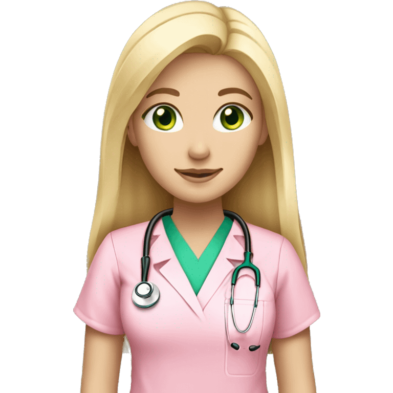 pale blonde girl with long hair and green eyes wearing pink scrubs and stethoscope  emoji