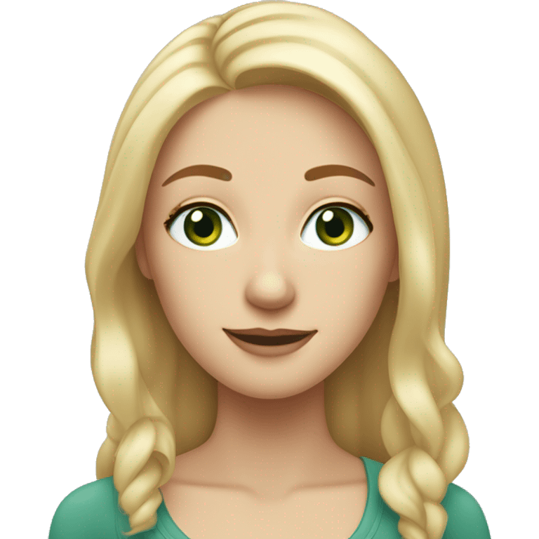 A tall slim blonde haired woman with a central parting with bluey green eyes, a freckle on the right cheek and quite a round face emoji