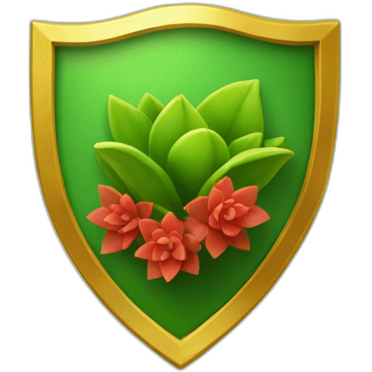 green shield with a gold border and a sprouting gold and red succulent at the centre emoji