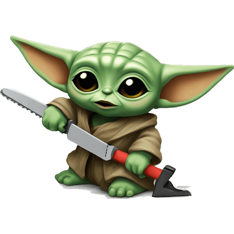 Baby Yoda saws with a chainsaw. In a painted style emoji