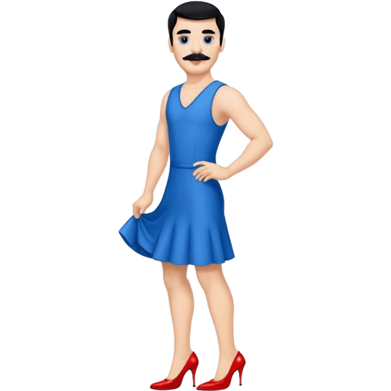 Man in a blue dress and red high heels with black hair and black mustache  emoji