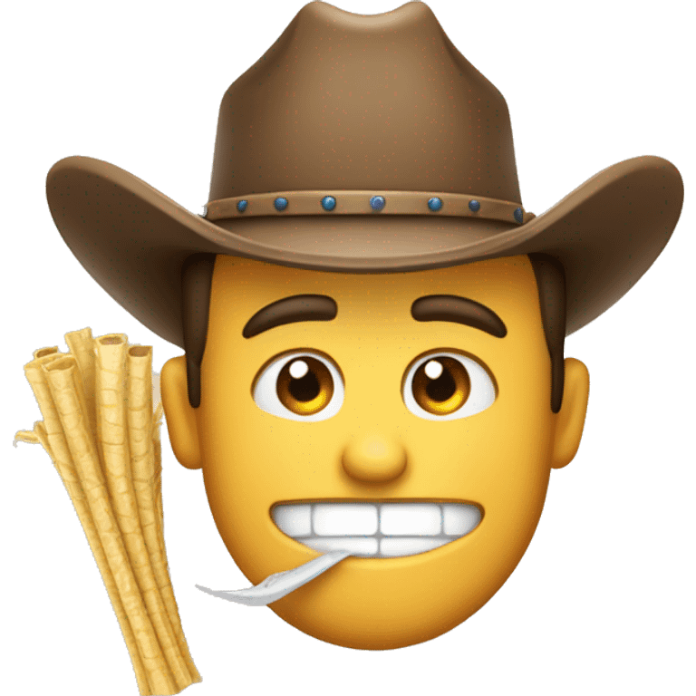 cowboy smirking emoji with piece of straw in his teeth emoji