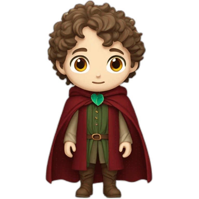 Frodo Baggins with bright blue eyes, light skin, wearing a dark red shirt, dark red waistcoat, and a sage green cloak clasped together by a leaf shaped brooch emoji