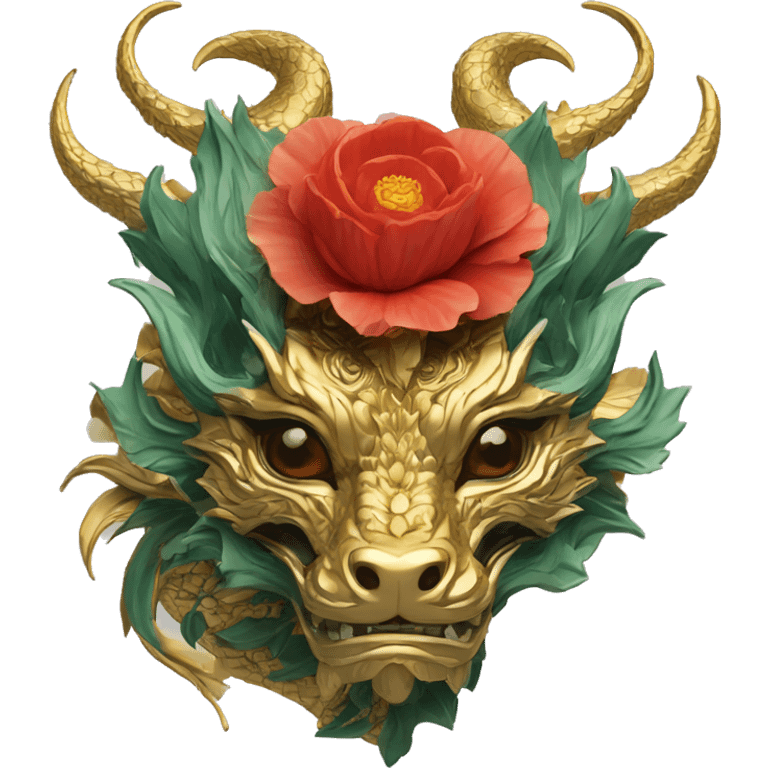 Intricate floral flower red and black and gold and jade dragon face with flowers poppies roses detailed emoji