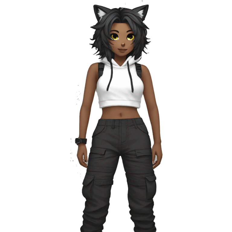 Edgy anthro beautiful pretty anime punk tomboy with cat ears techwear cargo pants hoodie emoji