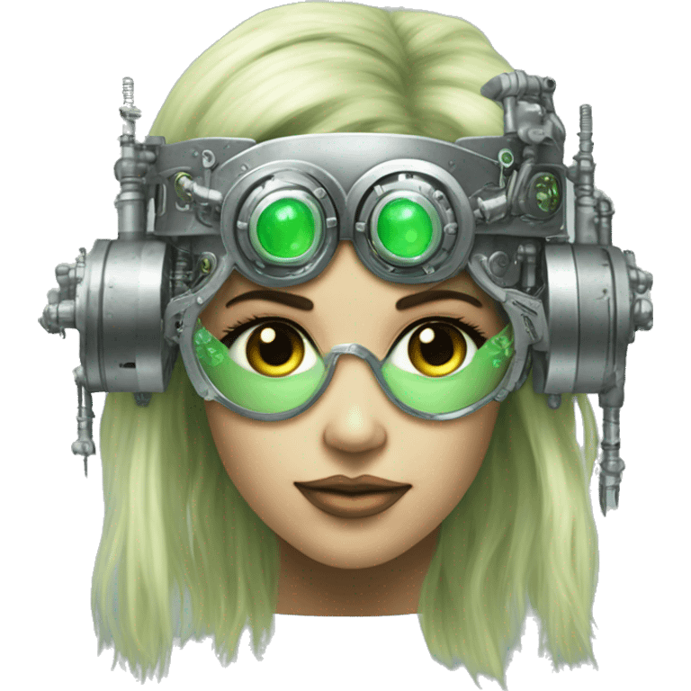 Light green long hair female cyborg head with silver steampunk goggles as a headband, circuits emoji