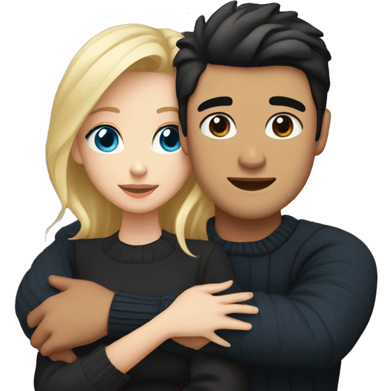 Blonde girl with blue eyes in black sweater and an east asian man with black hair and black eyes hugging emoji