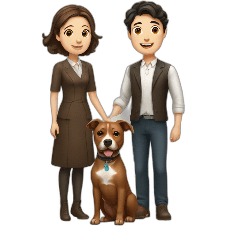 Young Jewish man and Chinese lady with brown Staffordshire terrier dog emoji