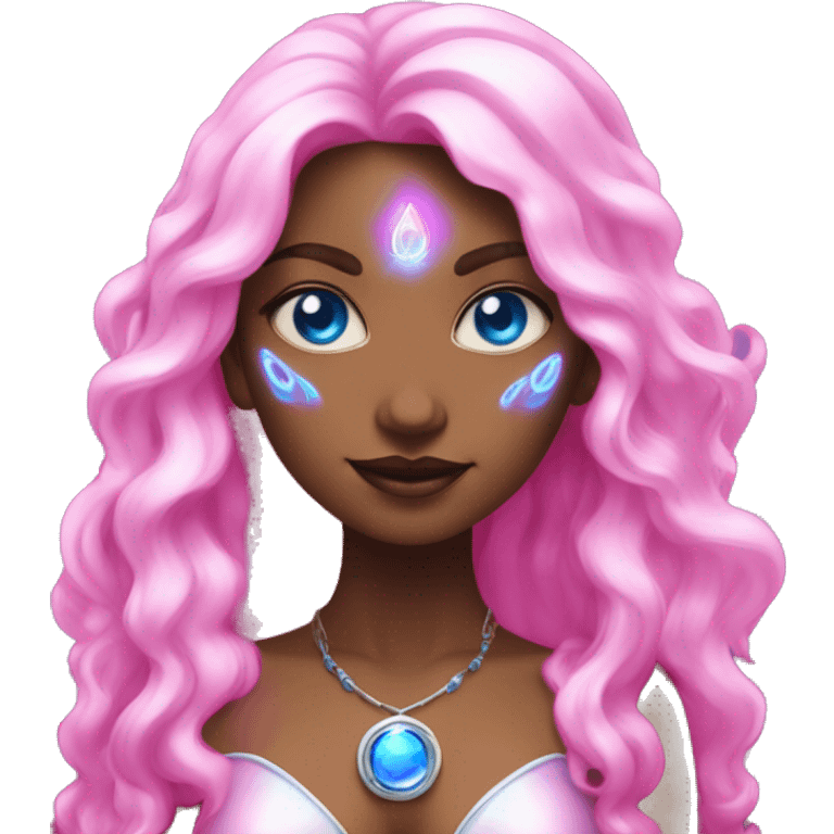 magical diva with pink andromedan skin long hair and blue eyes glowing third eye emoji