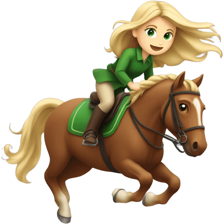 Girl with long blonde hair and green eyes on brown borse which is jumping  emoji