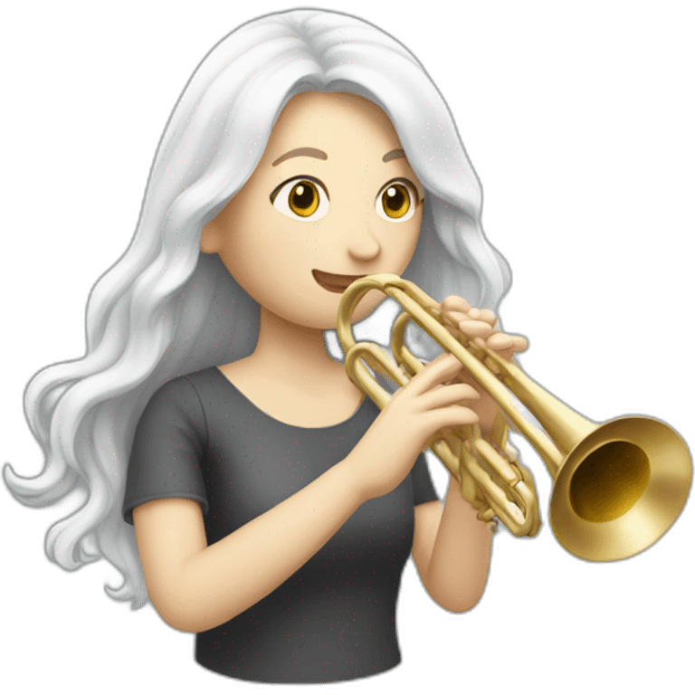 A white long hair woman playing the trumpet emoji