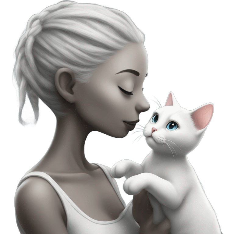 Photo realistic, alien female gray, kissing and embracing white cat, emoji